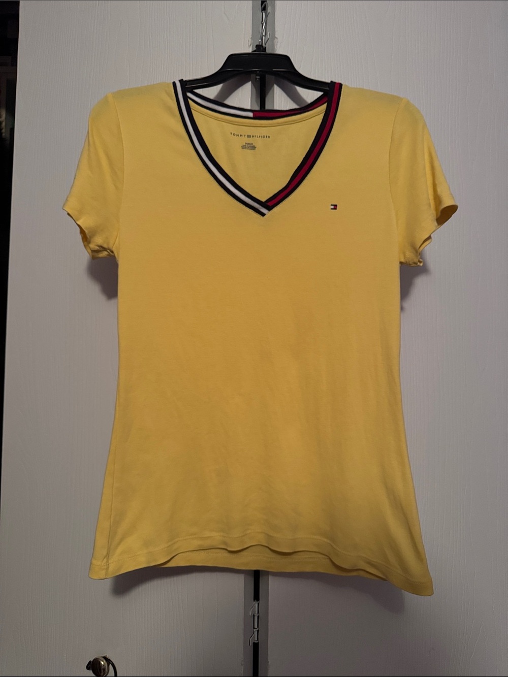 Tommy Hilfiger Yellow V‑Neck Tee with Stripe Trim